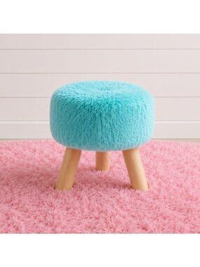 Aqua Faux Fur Kids Stool Princess Bedroom 11 Inch Kawaii Decor Footrest Seat